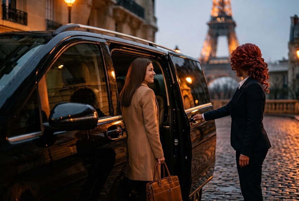 Une chauffeuse accueille sa cliente devant la tour Eiffel