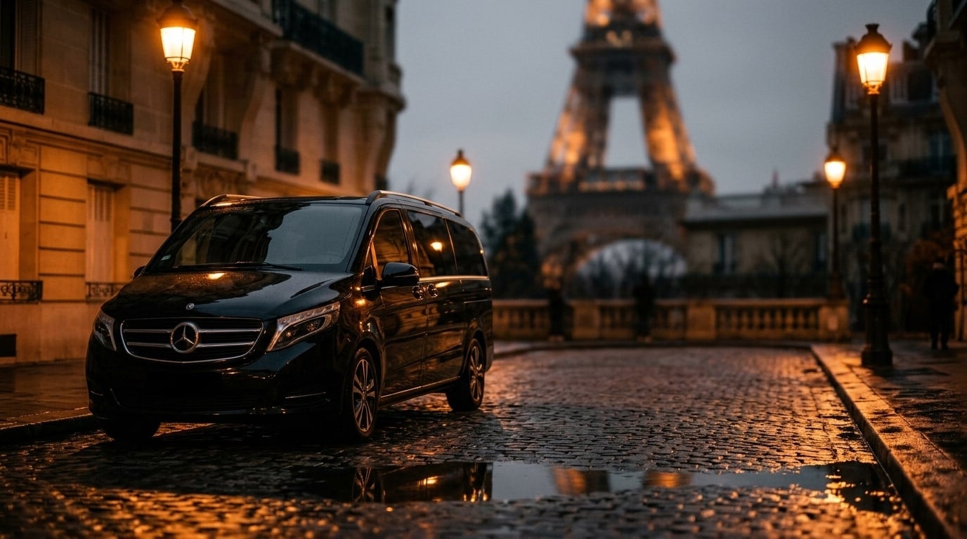 Van noir devant la tour Eiffel au crépuscule